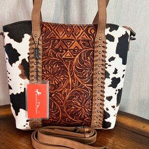 New Montana West Brown Leather Tooled Cow Print Crossbody/Tote Western Boho Bag